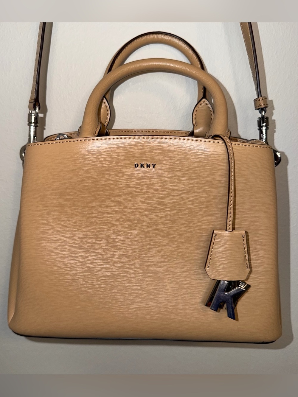 DKNY Beige Leather Satchel with Logo Charm